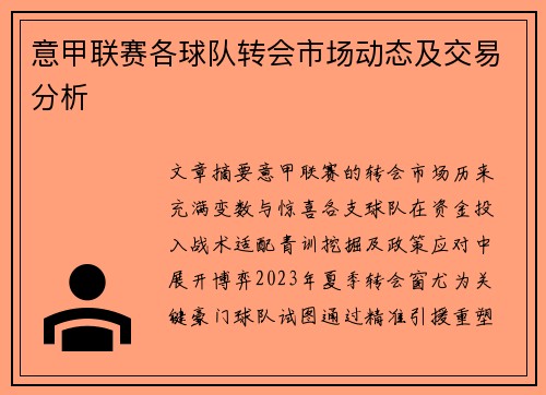 意甲联赛各球队转会市场动态及交易分析